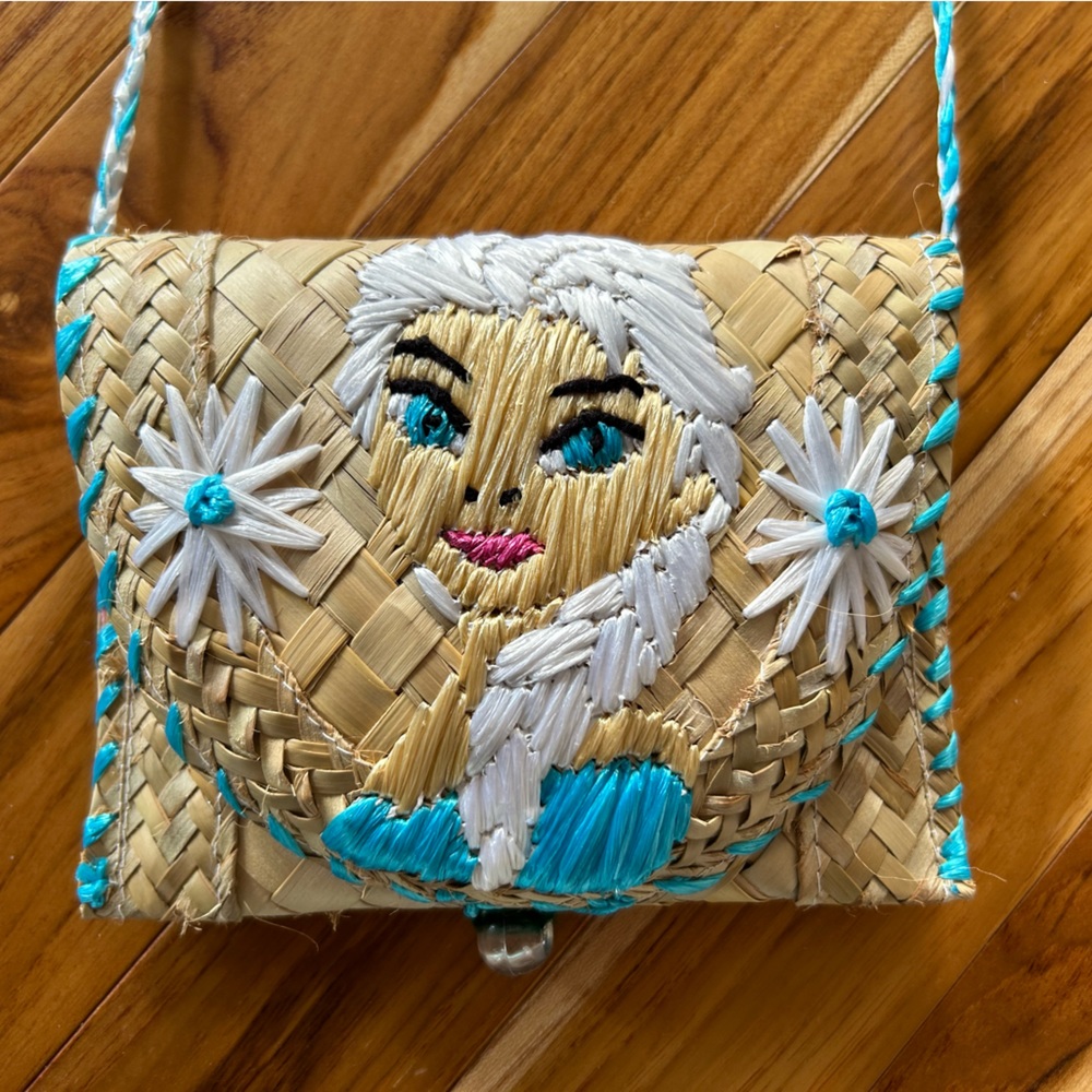 Handwoven Kids Straw Crossbody Bag with Blue Embroidery